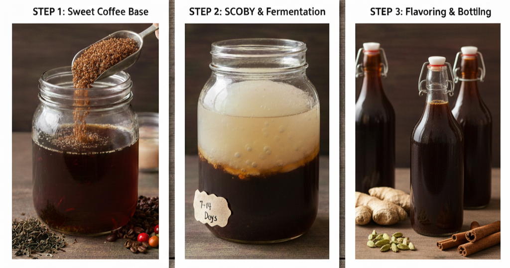 Fermentation process: Step 1 - Sweet Coffee Base, Step 2 - SCOBY & Fermentation (7-14 days), Step 3 - Flavoring & Bottling